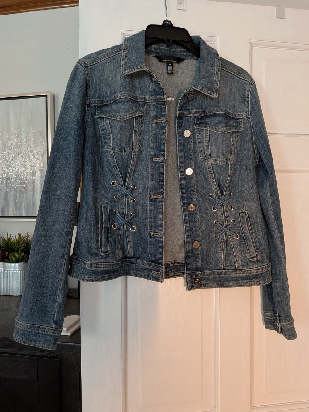 White House Black Market Lace-Up Blue Denim Jacket